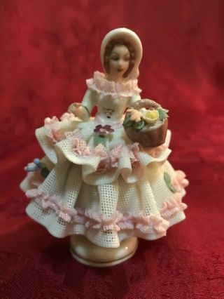 Dresden Sandizell Porcelain Lace Figurine Lady With Basket Of Flowers