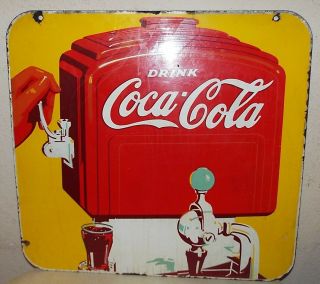 1930s Antique Coca Cola Fountain Dispenser 2 Sided Porcelain Sign 25x26 Nr