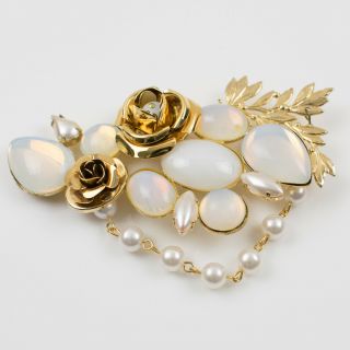 Zoe Coste Signed Pin Brooch Vintage Gilt Metal Roses White Glass Rhinestones