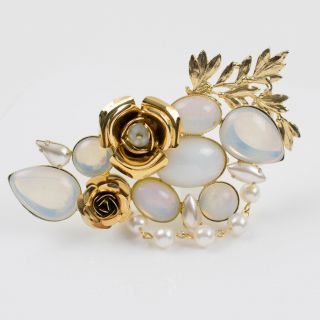 Zoe Coste Signed Pin Brooch Vintage Gilt Metal Roses White Glass Rhinestones 3