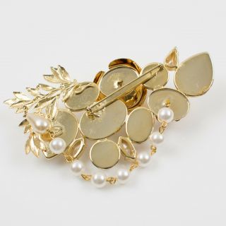 Zoe Coste Signed Pin Brooch Vintage Gilt Metal Roses White Glass Rhinestones 4