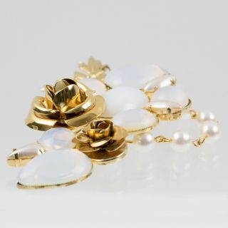 Zoe Coste Signed Pin Brooch Vintage Gilt Metal Roses White Glass Rhinestones 6