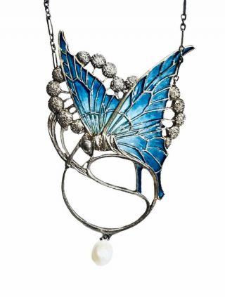 1900s French Art Nouveau Silver Plique - à - Jour Butterfly Necklace,  Maurice Daurat