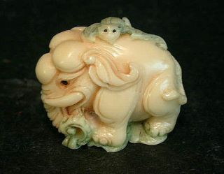 Vintage Japanese Ivory Colored Bone Netsuke - Baby Elephant With Bat