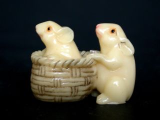 Japanese Ivory Color Bone Netsuke - 2 Mouse/mice In & Out Of Rattan Basket