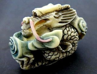 Vintage Japanese Ivory Colored Bone Netsuke - Dragon Amid Green Wave 2
