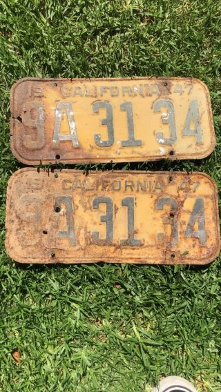 1947 California Vintage License Plate Rare Dmv Clear Pair Patina