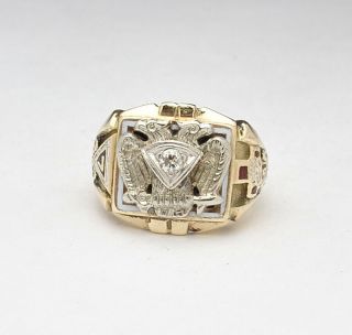 Antique 10k European Cut Natural Diamond Masonic 32 Degree Mens Ring Size 10