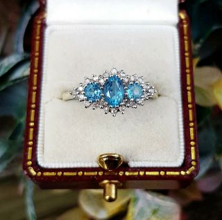 Vintage 1989 9ct Yellow Gold Blue Topaz And Diamond Trilogy Cluster Ring Size R