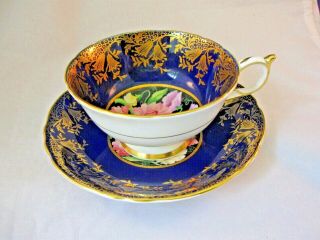 Antique Paragon Tea Cup And Saucer - Blue & Gold W Pink And White Roses