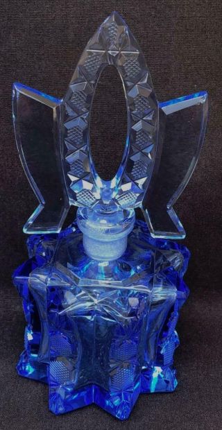 Czechoslovakia Art Deco Azure Blue Cut Glass Vanity Dresser Scent Perfume Bottle