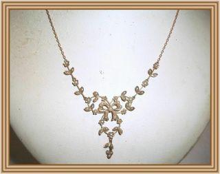 Antique 1900s - 9ct Yg - Ribbon Bow Motif Seed Pearl Lavalier Style Necklace Nr