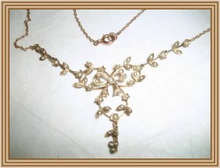 ANTIQUE 1900s - 9ct YG - RIBBON BOW MOTIF SEED PEARL LAVALIER STYLE NECKLACE NR 5