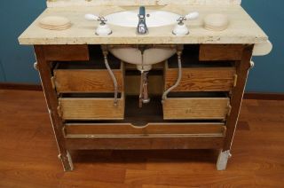 Travertine Sink with Antique Cabinet Custom Made Jack and Jill 2 Available - 1 9