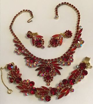 Vintage Juliana D & E Red & Borealis Rhinestone Necklace Bracelet & Earrings