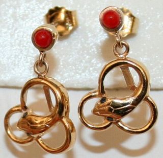 Antique Victorian French 18k Gold Red Coral Sapphir Snake Dangle Earrings C1900