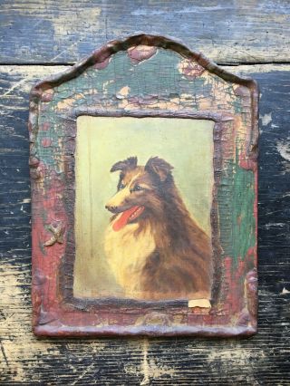 Vintage Antique Collie Dog Oil Painting Portrait Lassie Primitive Folk Art 30’s