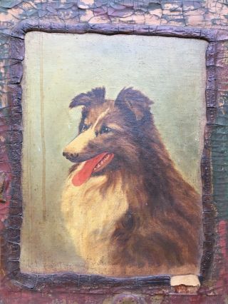 Vintage Antique Collie Dog Oil Painting Portrait Lassie Primitive Folk Art 30’s 2