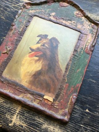 Vintage Antique Collie Dog Oil Painting Portrait Lassie Primitive Folk Art 30’s 3