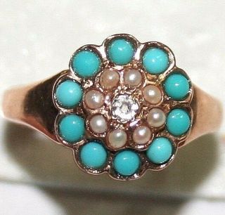 Antique Victorian French 18k Gold Diamond Turquoise Pearl Flower Fine Ring C1900