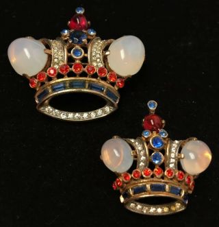 Set 2 Vintage Trifari Sterling Rhinestone Crystal Crown Brooches Large & Small