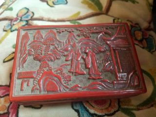 1800 ' s Chinese Export Carved Cinnabar Black Lacquer Jewelry Box 5.  75 
