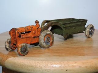 Vintage Arcade Cast Iron Allis Chalmers Toy Farm Tractor & Dump Trailer 8 "