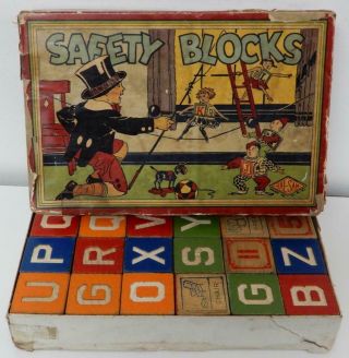 18 - 1900s Children’s Boxed Set Of Wood Safety Blocks - Ethnic People,  Alphabet,