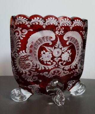 Rare Vintage Egermann 1920s Cut To Clear Ruby Red Glass Engraved Oval Vase