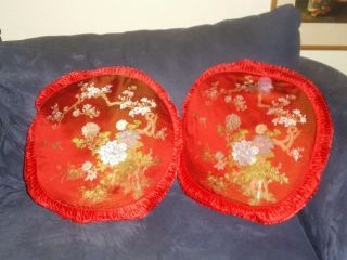 Round Chinese Red Silk Brocade Pillow Covers W/peonies & Cherry Blossoms