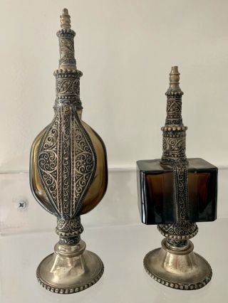 Moroccan Rosewater Perfume Vintage Antique Bottle Silver Filigree Set Of 2