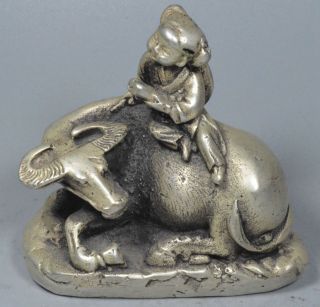 China Collectable Handwork Old Miao Silver Carve Child Ride Bull Royal Statue