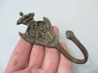 Vintage Brass Coat Hook Hat Hanger Old Antique French Fleur De Lis Crown Crest