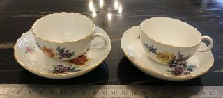 Antique Pair Meissen Hand Painted Demitasse Floral Tea Cups And Saucers