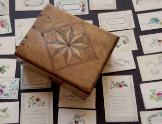 Antique Marquetry Wood Folk Art Box,  37 C1850s - Victorian Calling Cards Poem,