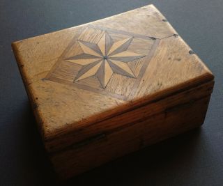 ANTIQUE Marquetry WOOD Folk Art BOX,  37 c1850s - Victorian CALLING CARDS Poem, 5