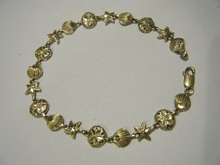 Vtg 1980s Solid 14k Yellow Gold 8.  5 " Seashells/stars Links Bracelet 8g Nautical