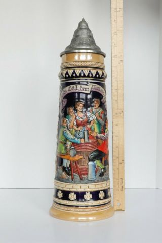 Pre - World War Ii,  2 Liter Vintage German Ceramic Beer Stein /w Lid - 17 Inches