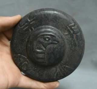 4 " Old China Hongshan Culture Jade (black Magnet) Carved Snake Head Ufo Statue