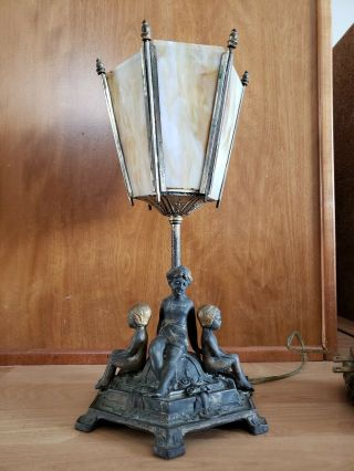 Vintage Gold Brass? Metal Children Shabby Chic French Lamp Stained Glass