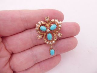9ct Gold Turquoise & Seed Pearl Large Art Nouveau Design Pendant Brooch,  9k 375