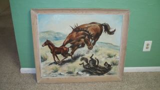 Large Vintage Oil On Canvas Horse Colt Wolf Painting Framed Estate Find 36x36
