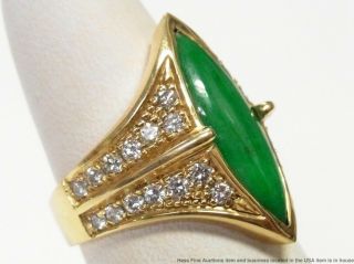 Stunning Green Color Natural Jadeite Jade 14k Gold Ring 0.  55ctw Diamond Vintage 10