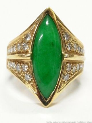 Stunning Green Color Natural Jadeite Jade 14k Gold Ring 0.  55ctw Diamond Vintage
