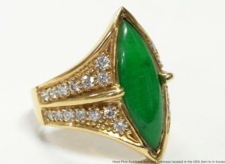 Stunning Green Color Natural Jadeite Jade 14k Gold Ring 0.  55ctw Diamond Vintage 2