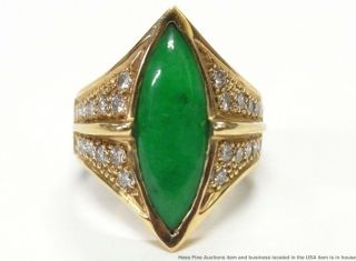 Stunning Green Color Natural Jadeite Jade 14k Gold Ring 0.  55ctw Diamond Vintage 3