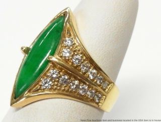 Stunning Green Color Natural Jadeite Jade 14k Gold Ring 0.  55ctw Diamond Vintage 8