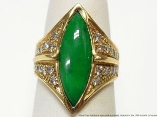 Stunning Green Color Natural Jadeite Jade 14k Gold Ring 0.  55ctw Diamond Vintage 9