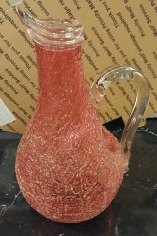 Unique Murano Style Early 1900 French Frosted Blown Glass Red Art Deco Pitcher