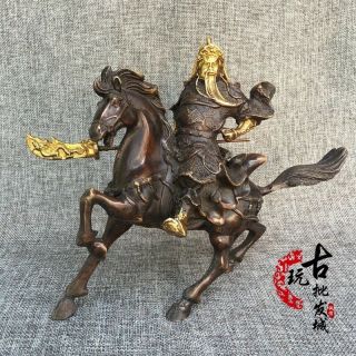 Chinese Feng Shui Bronze Gilt Warrior Guan Gong Yu Hold Sword Ride Horse Statue